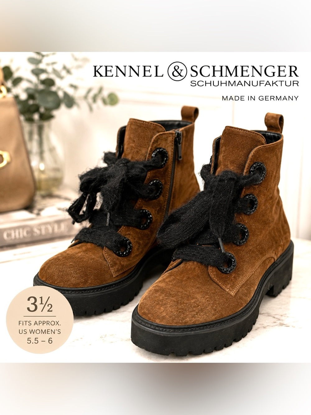 Kennel & Schmenger Suede Combat Boots Brown Platform Side Zip Lace Up Size 5.5